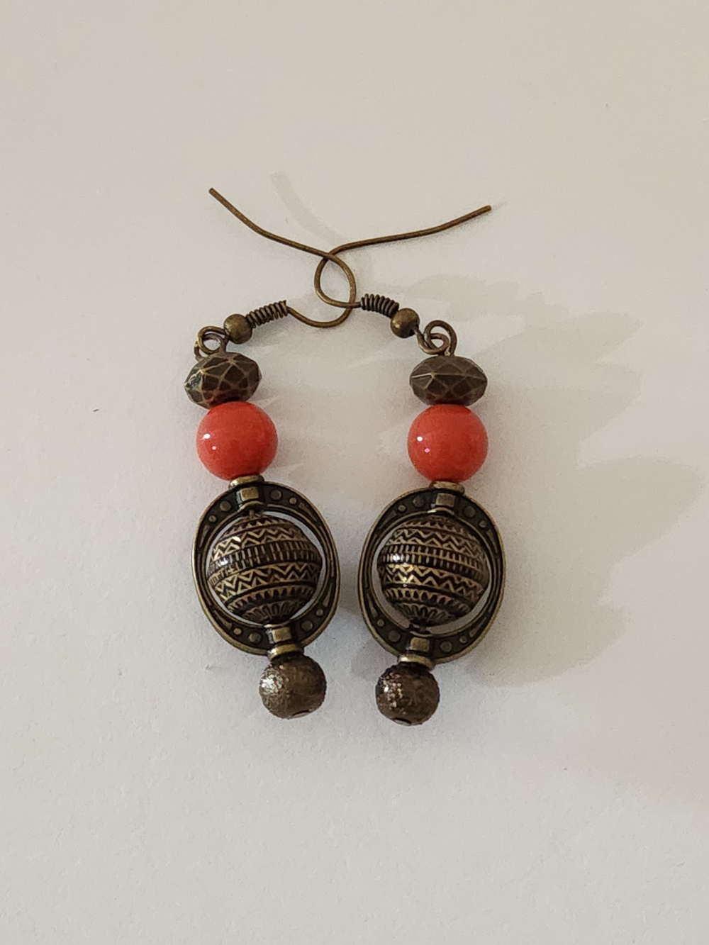 Hand Crafted Deep Orange and Antique Bronze Dangle Earrings